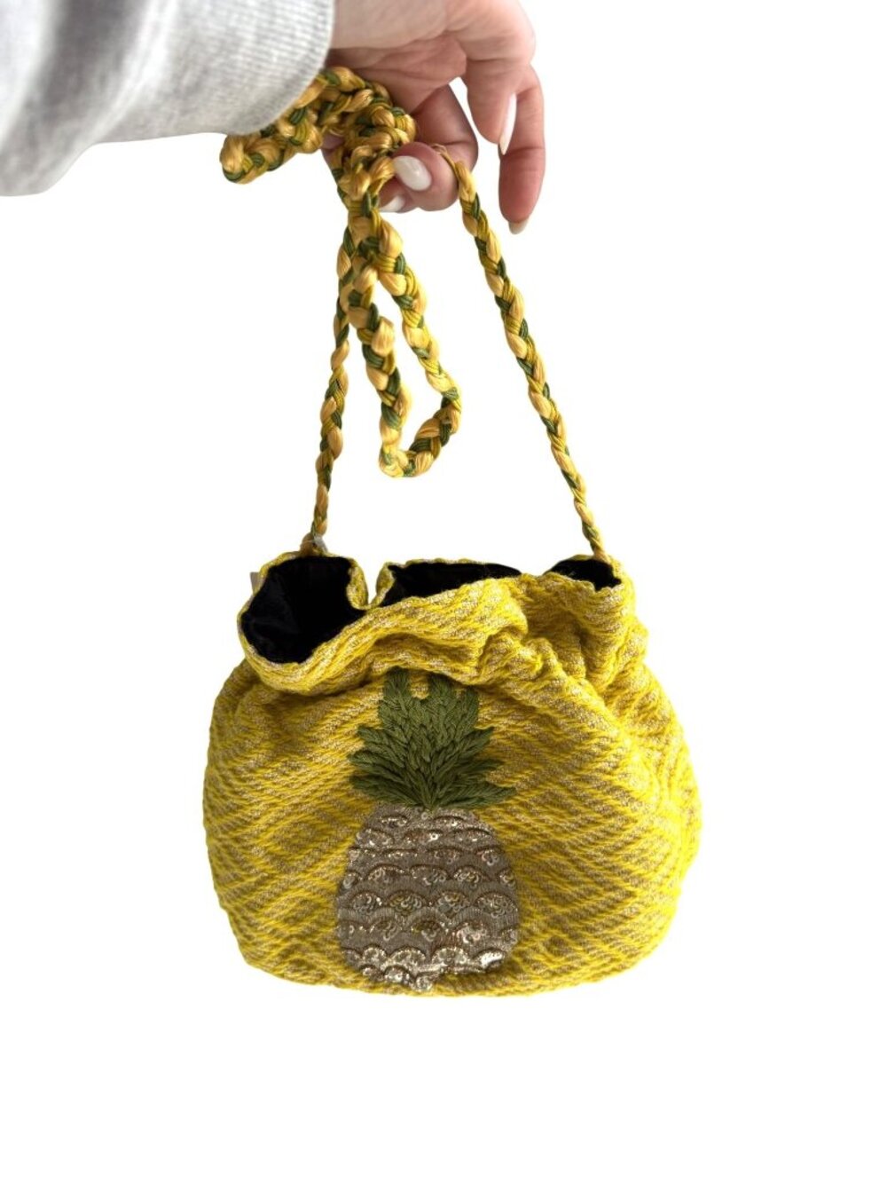 NWT Steve Madden Pineapple Embroidered Drawstring Bucket Bag Yellow $68 [jb]